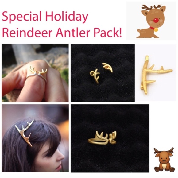x3 Christmas Holiday Reindeer Antler Earrings Hair Clip Ring Stocking Stuffers - Picture 2 of 10